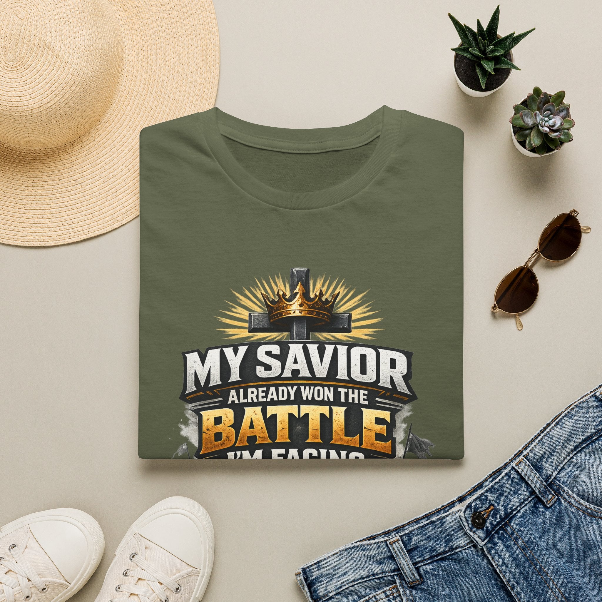 Christian Graphic T-Shirt – "My Savior Already Won the Battle I'm Facing" Faith Crest Tee