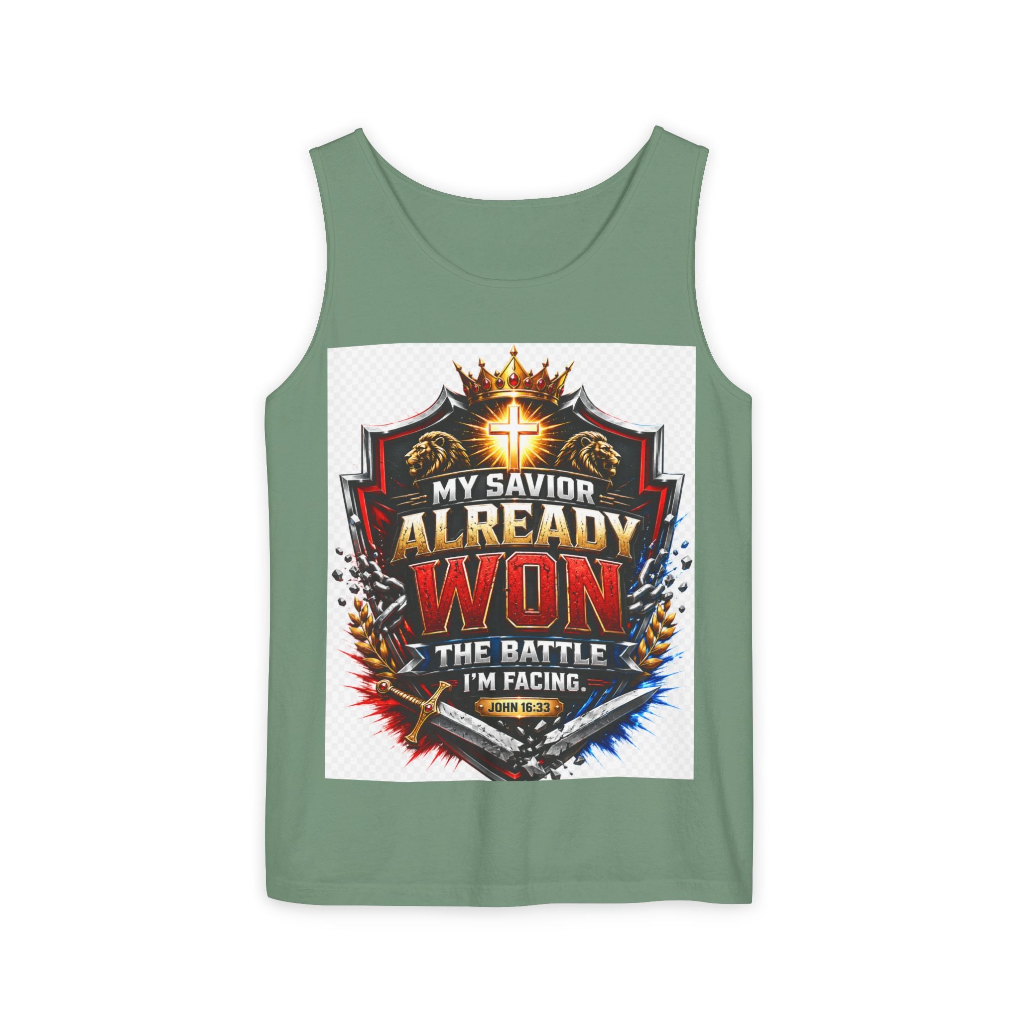 Christian Faith Tank Top — "My Savior Already Won the Battle I'm Facing" Graphic