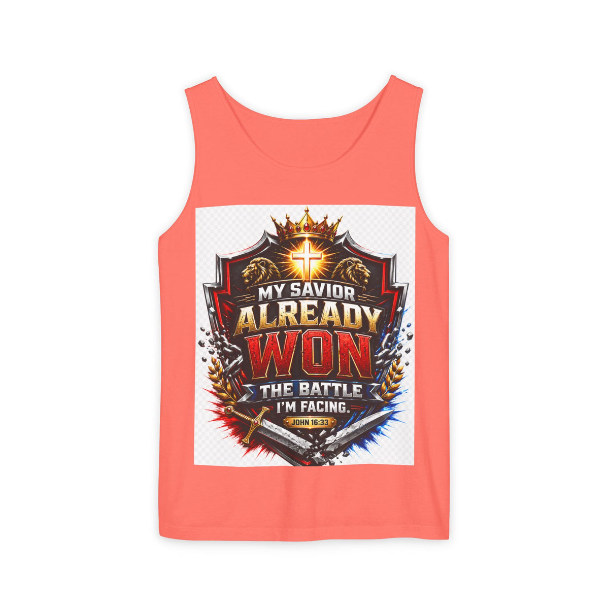 Christian Faith Tank Top — "My Savior Already Won the Battle I'm Facing" Graphic