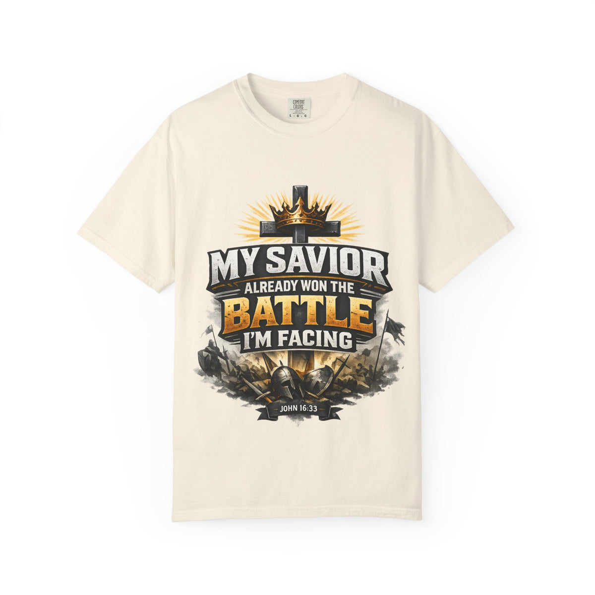 Christian Faith T-Shirt – "My Savior Already Won the Battle I'm Facing" Garment-Dyed Graphic Tee