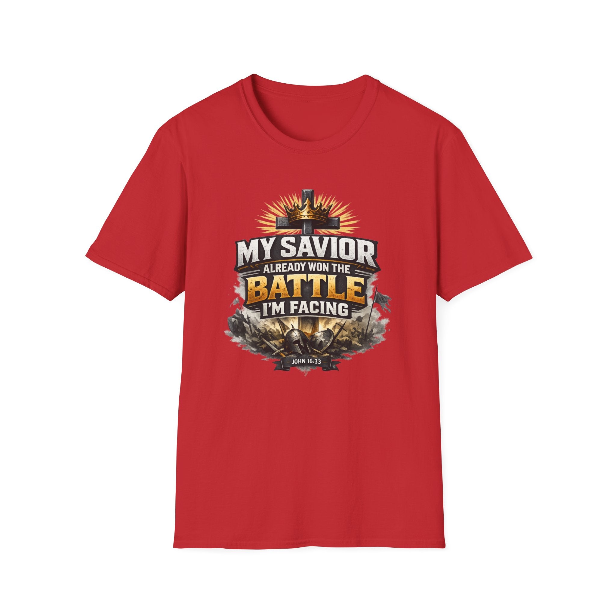 Christian Graphic T-Shirt – "My Savior Already Won the Battle I'm Facing" Faith Crest Tee