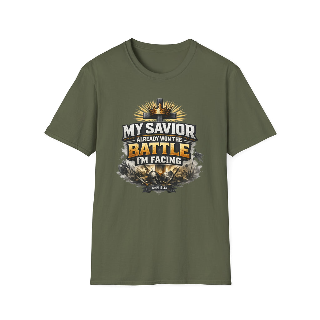 Christian Graphic T-Shirt – "My Savior Already Won the Battle I'm Facing" Faith Crest Tee