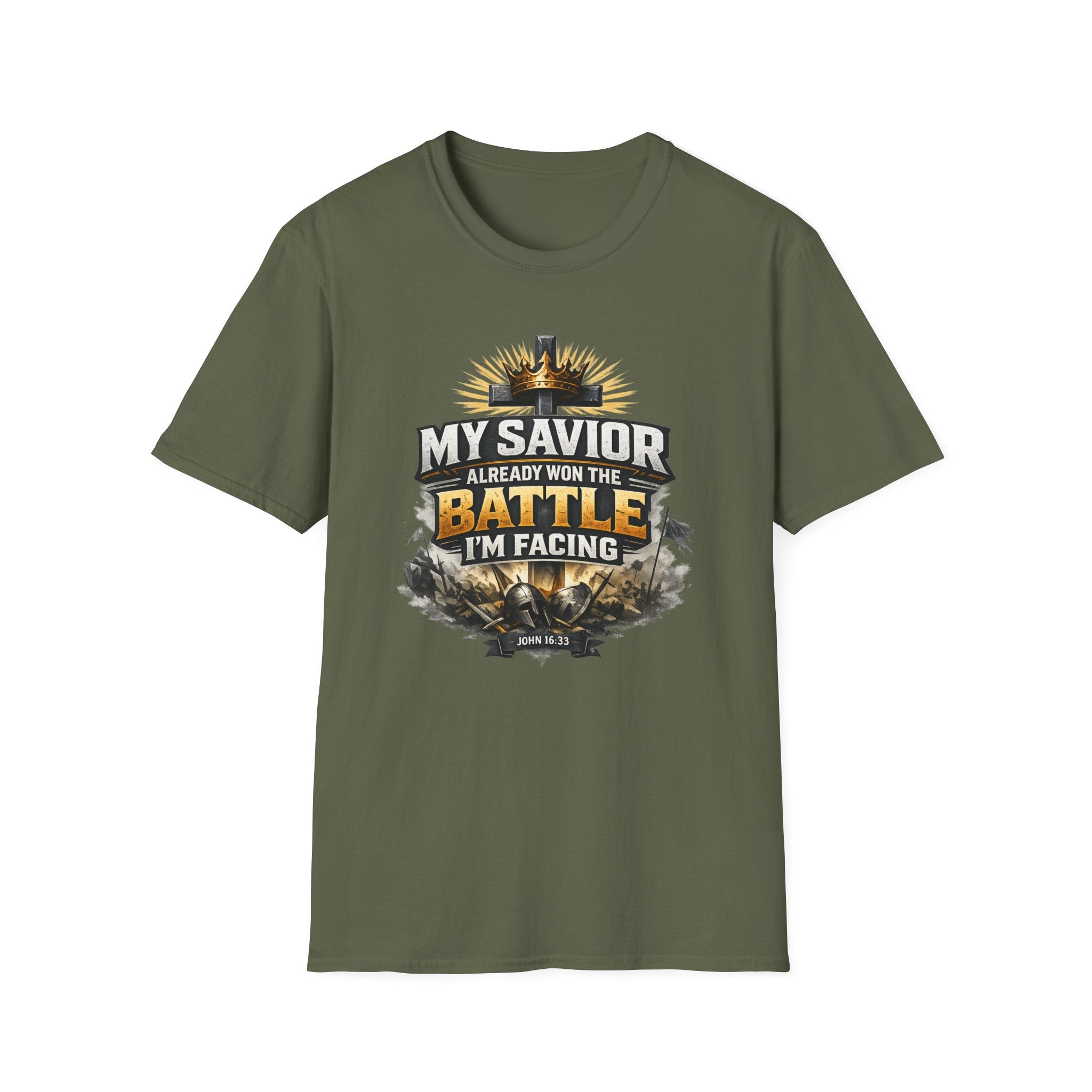 Christian Graphic T-Shirt – "My Savior Already Won the Battle I'm Facing" Faith Crest Tee