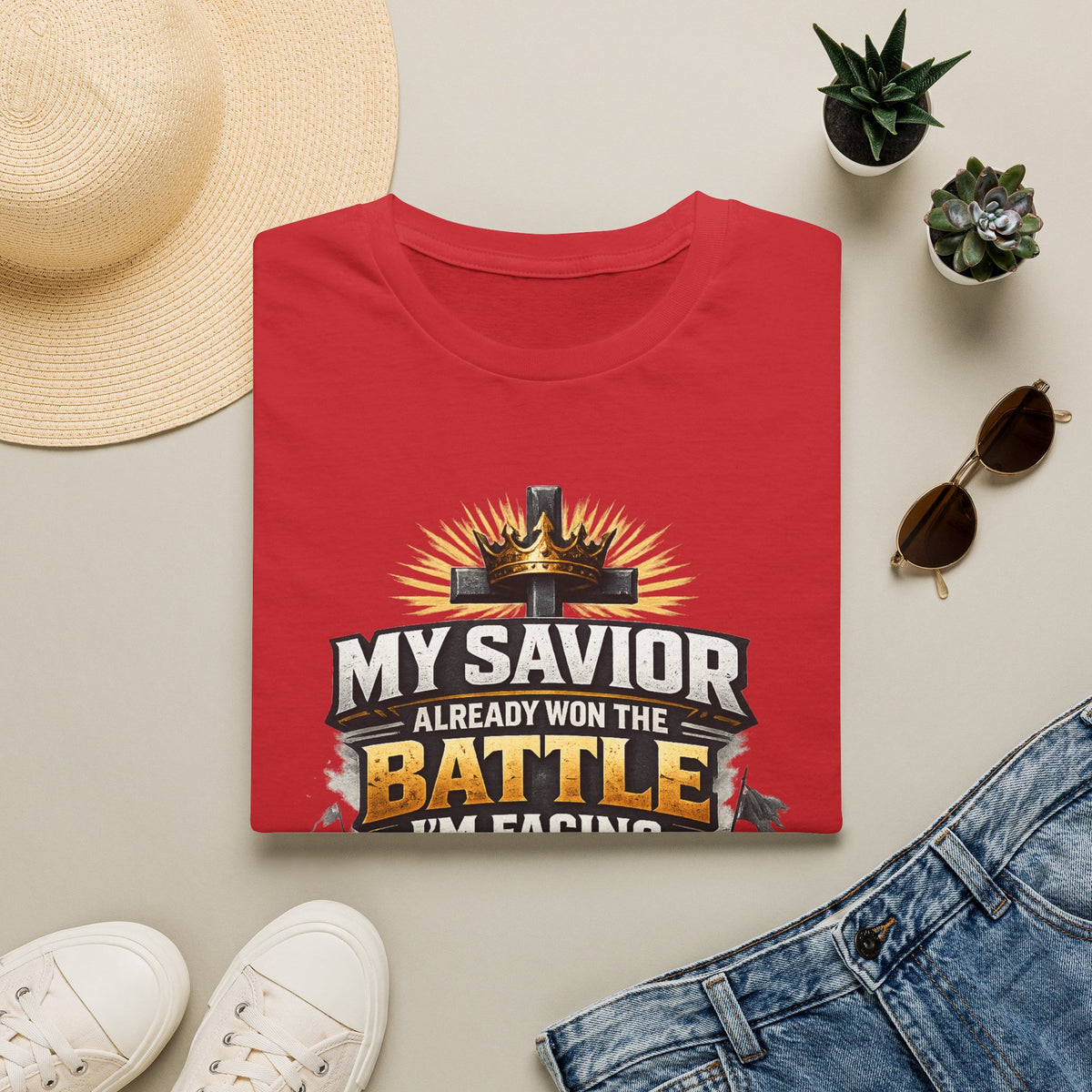 Christian Graphic T-Shirt – "My Savior Already Won the Battle I'm Facing" Faith Crest Tee