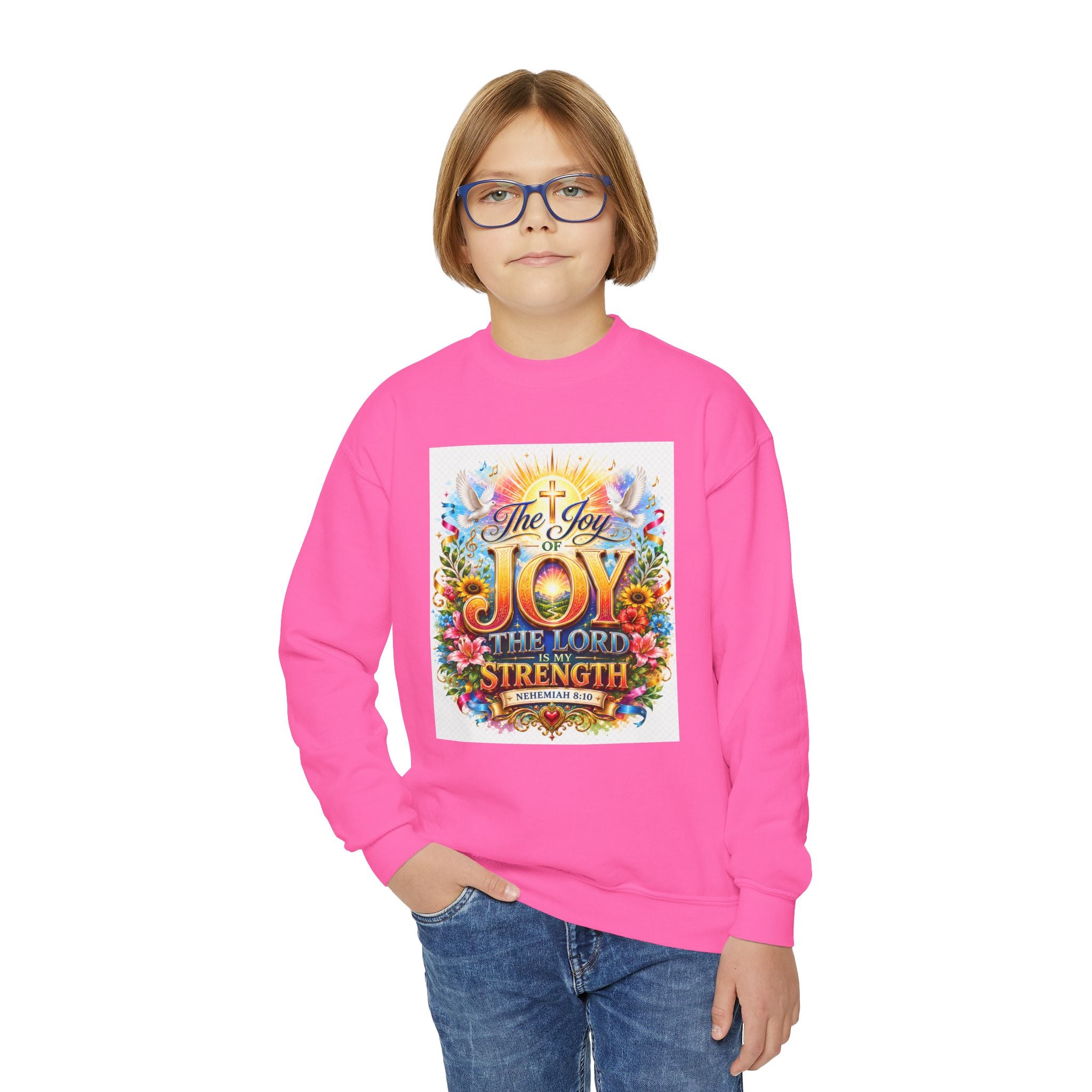 Christian Kids Crewneck Sweatshirt – "The Joy of the Lord Is My Strength" Colorful Floral Faith Pullover