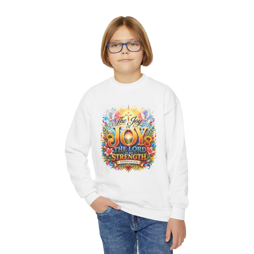 Christian Kids Crewneck Sweatshirt – "The Joy of the Lord Is My Strength" Colorful Floral Faith Pullover
