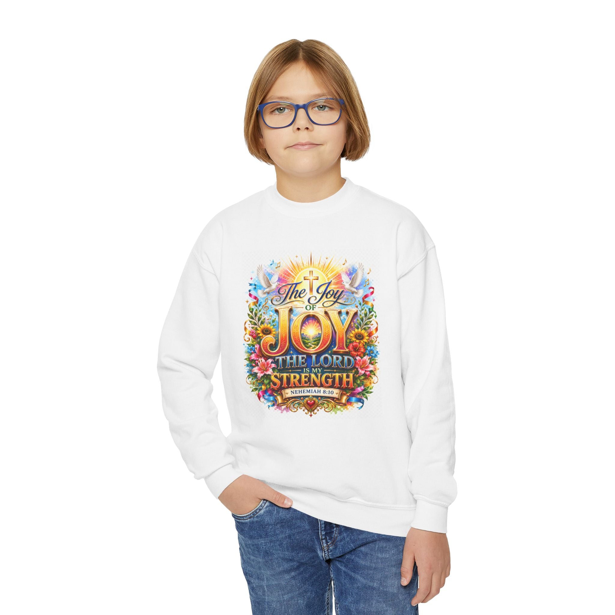 Christian Kids Crewneck Sweatshirt – "The Joy of the Lord Is My Strength" Colorful Floral Faith Pullover