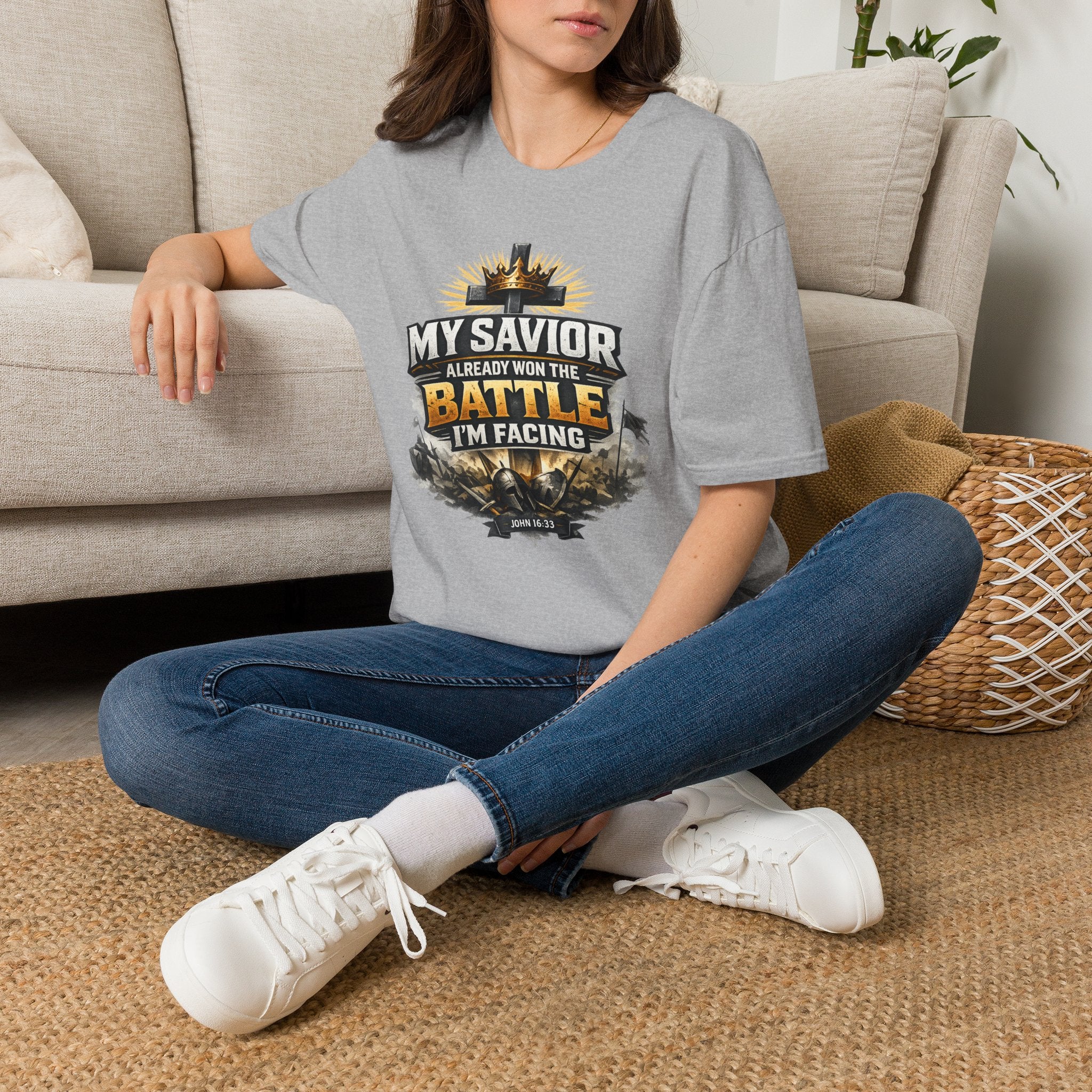 Christian Graphic T-Shirt – "My Savior Already Won the Battle I'm Facing" Faith Crest Tee