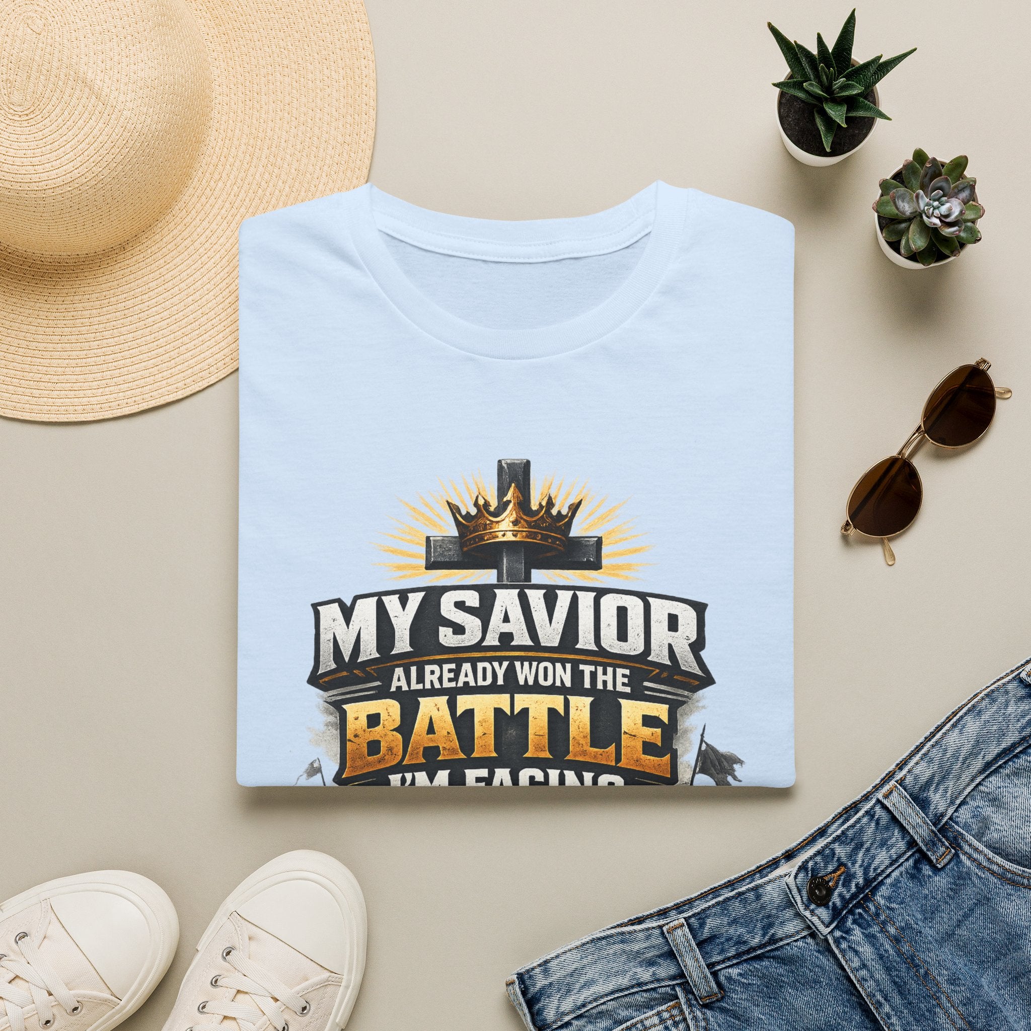 Christian Graphic T-Shirt – "My Savior Already Won the Battle I'm Facing" Faith Crest Tee