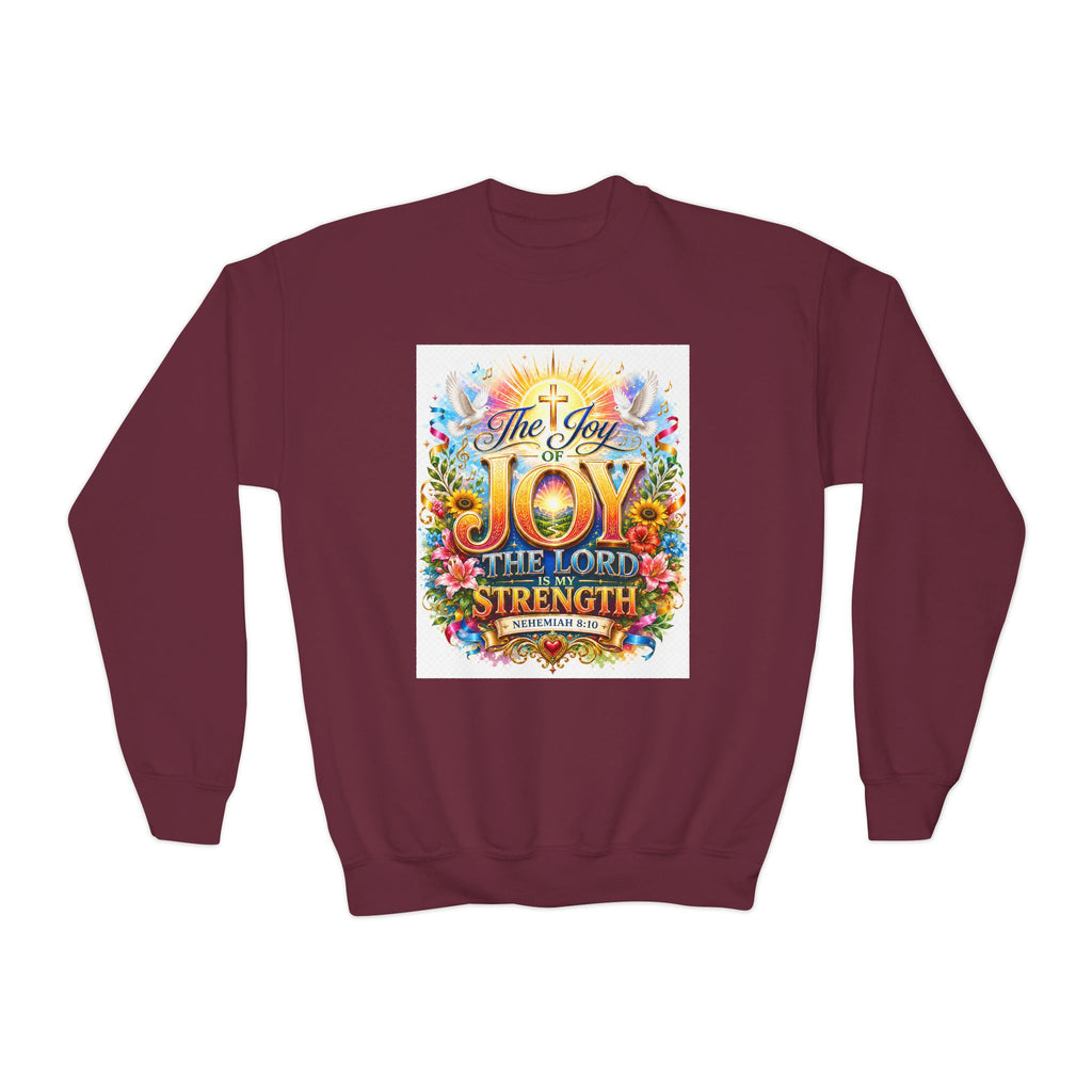 Christian Kids Crewneck Sweatshirt – "The Joy of the Lord Is My Strength" Colorful Floral Faith Pullover