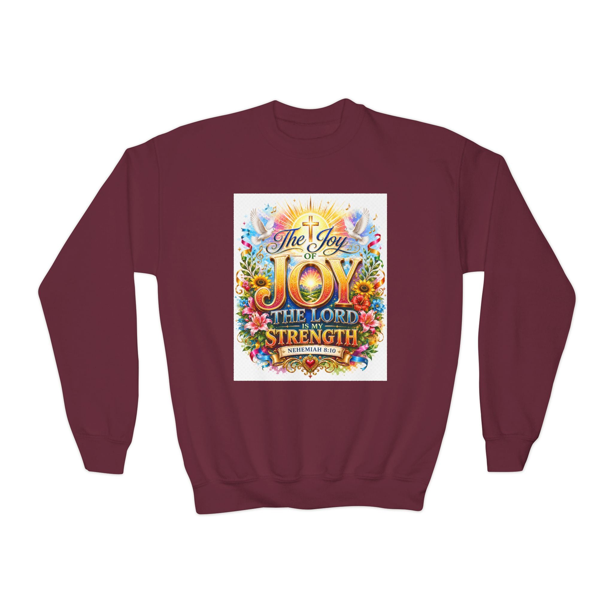 Christian Kids Crewneck Sweatshirt – "The Joy of the Lord Is My Strength" Colorful Floral Faith Pullover