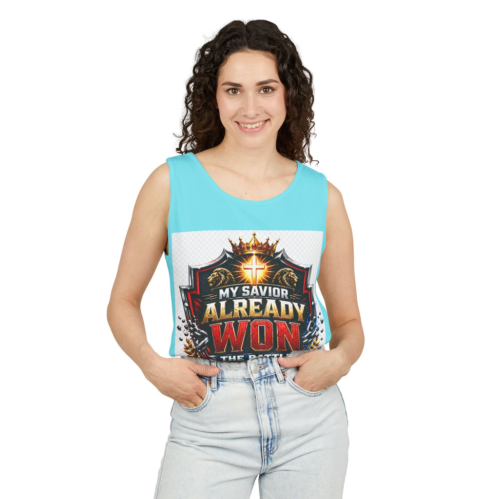 Christian Faith Tank Top — "My Savior Already Won the Battle I'm Facing" Graphic