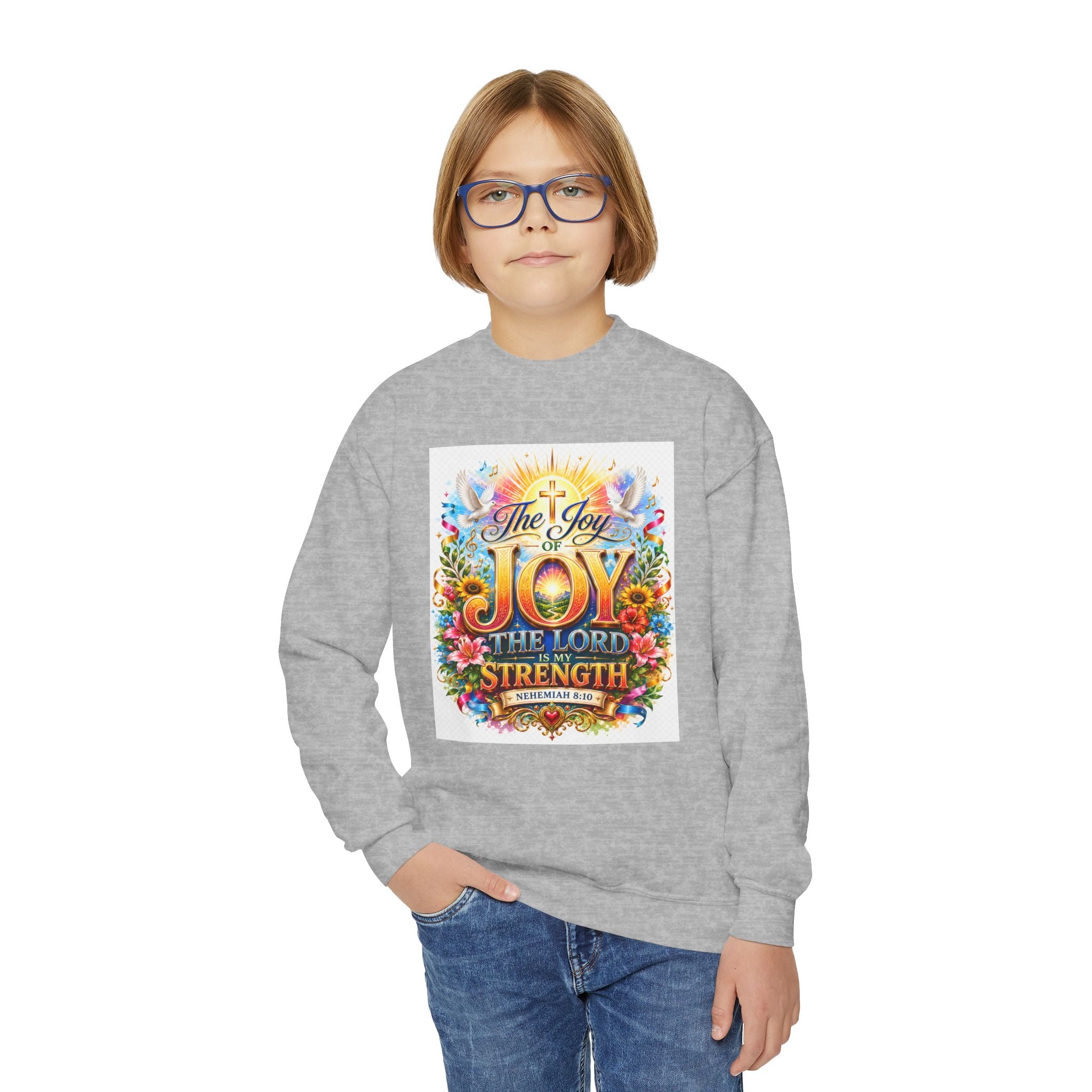 Christian Kids Crewneck Sweatshirt – "The Joy of the Lord Is My Strength" Colorful Floral Faith Pullover