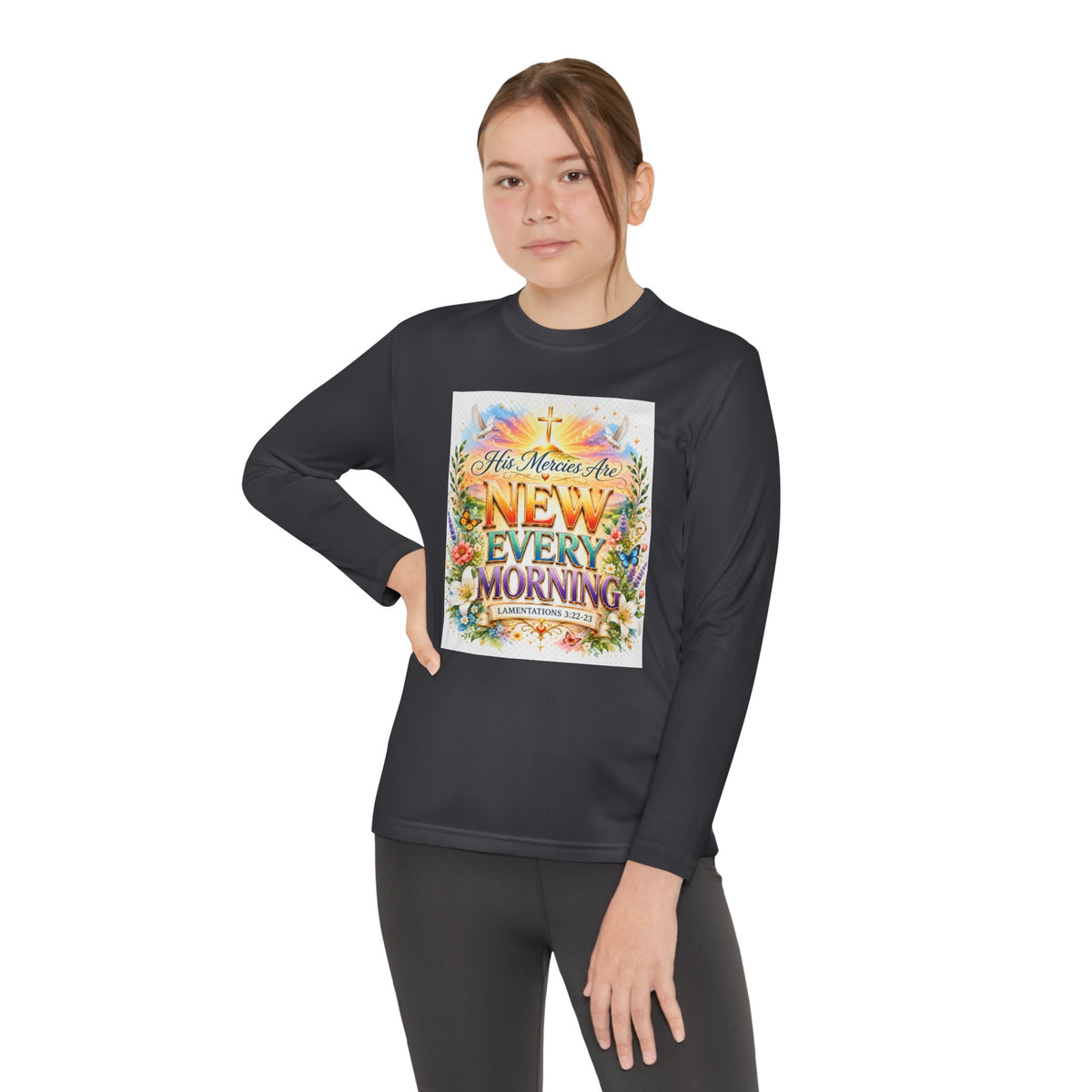 Christian Kids Long Sleeve T-Shirt – "His Mercies Are New Every Morning" Floral Inspirational Youth Tee