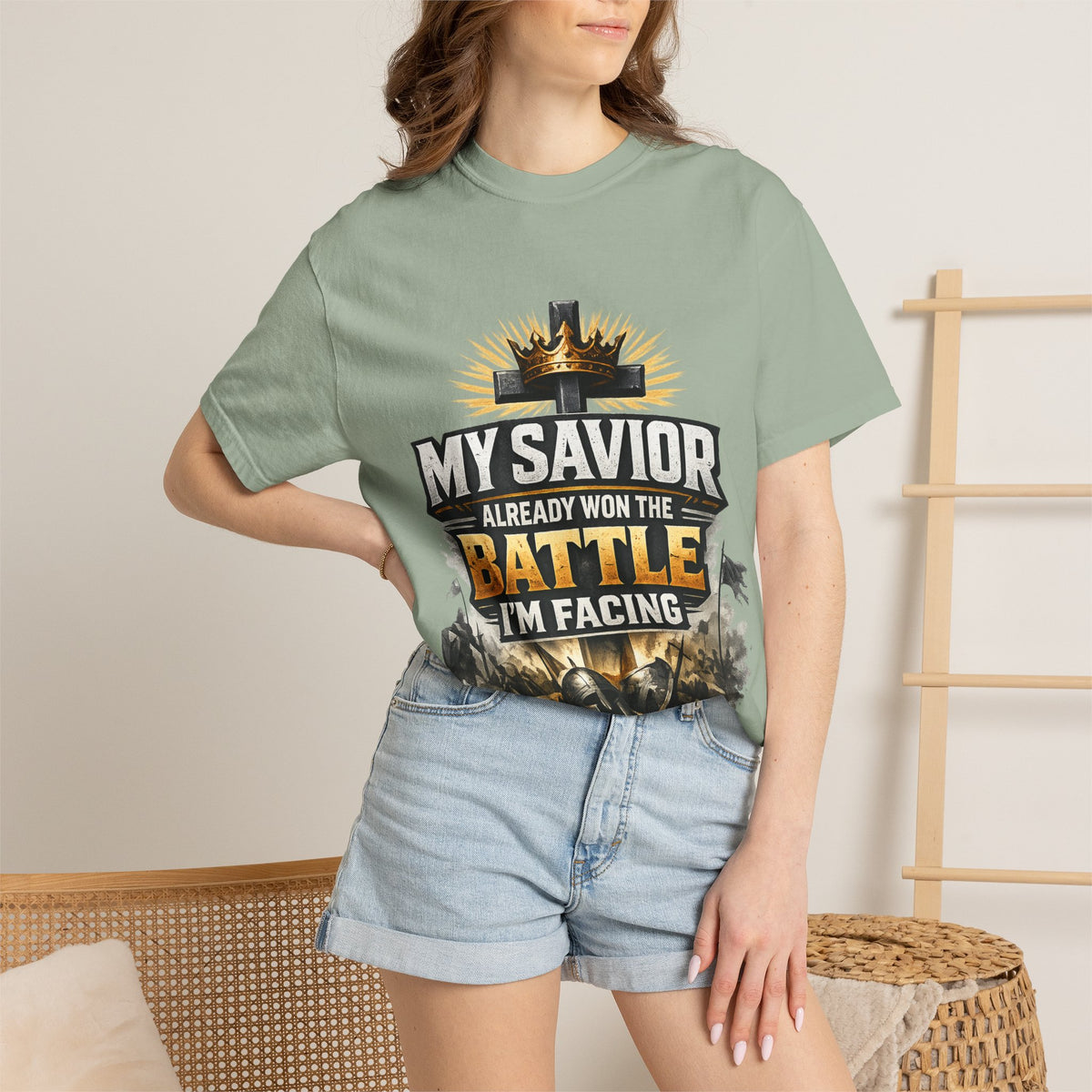 Christian Faith T-Shirt – "My Savior Already Won the Battle I'm Facing" Garment-Dyed Graphic Tee