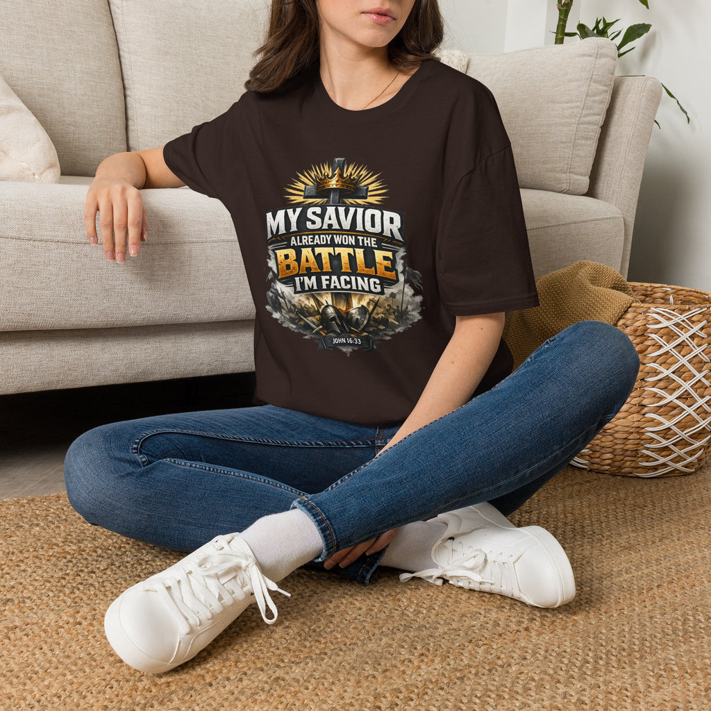 Christian Graphic T-Shirt – "My Savior Already Won the Battle I'm Facing" Faith Crest Tee