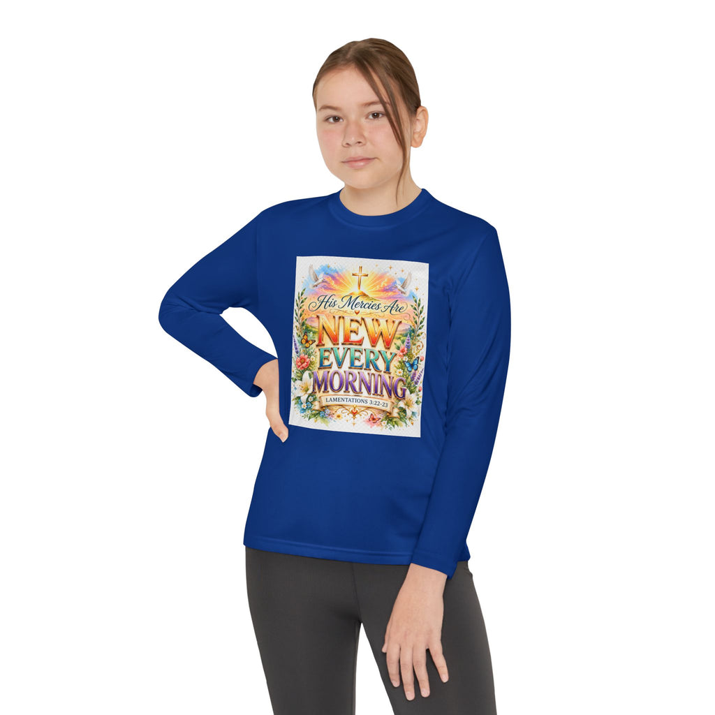 Christian Kids Long Sleeve T-Shirt – "His Mercies Are New Every Morning" Floral Inspirational Youth Tee