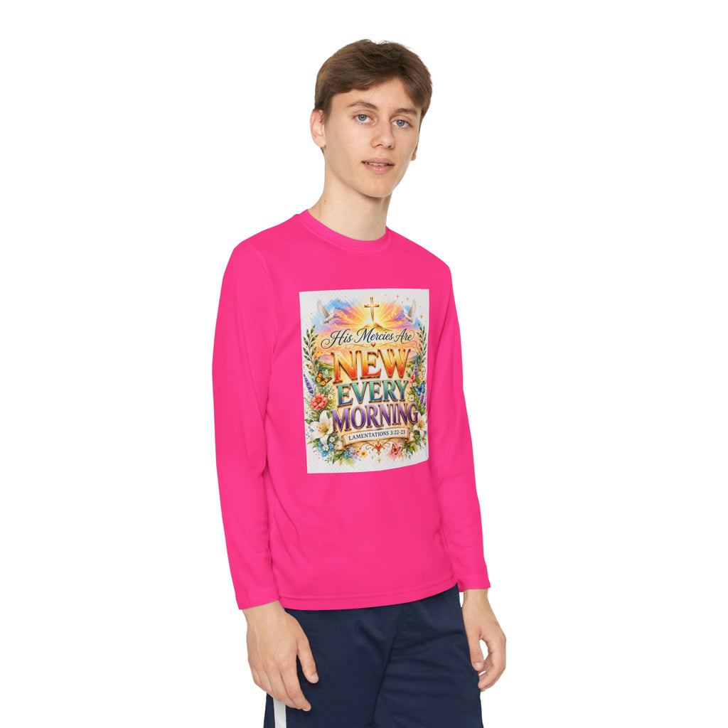 Christian Kids Long Sleeve T-Shirt – "His Mercies Are New Every Morning" Floral Inspirational Youth Tee