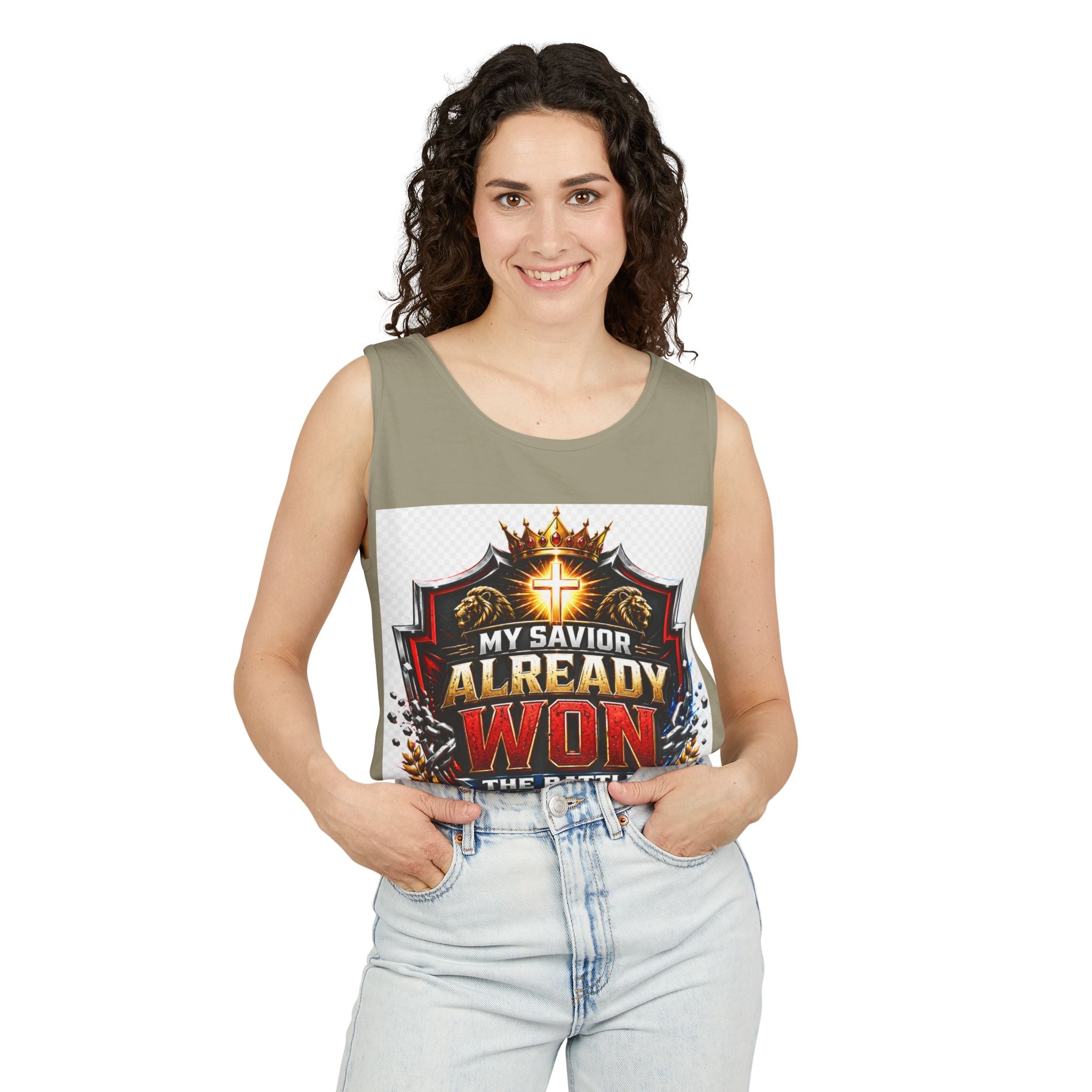 Christian Faith Tank Top — "My Savior Already Won the Battle I'm Facing" Graphic