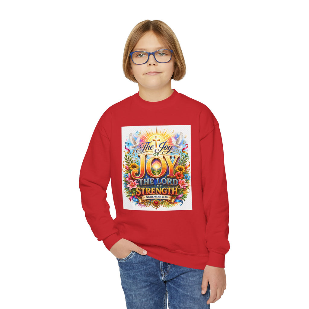 Christian Kids Crewneck Sweatshirt – "The Joy of the Lord Is My Strength" Colorful Floral Faith Pullover