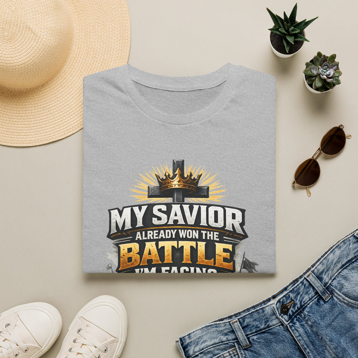 Christian Graphic T-Shirt – "My Savior Already Won the Battle I'm Facing" Faith Crest Tee