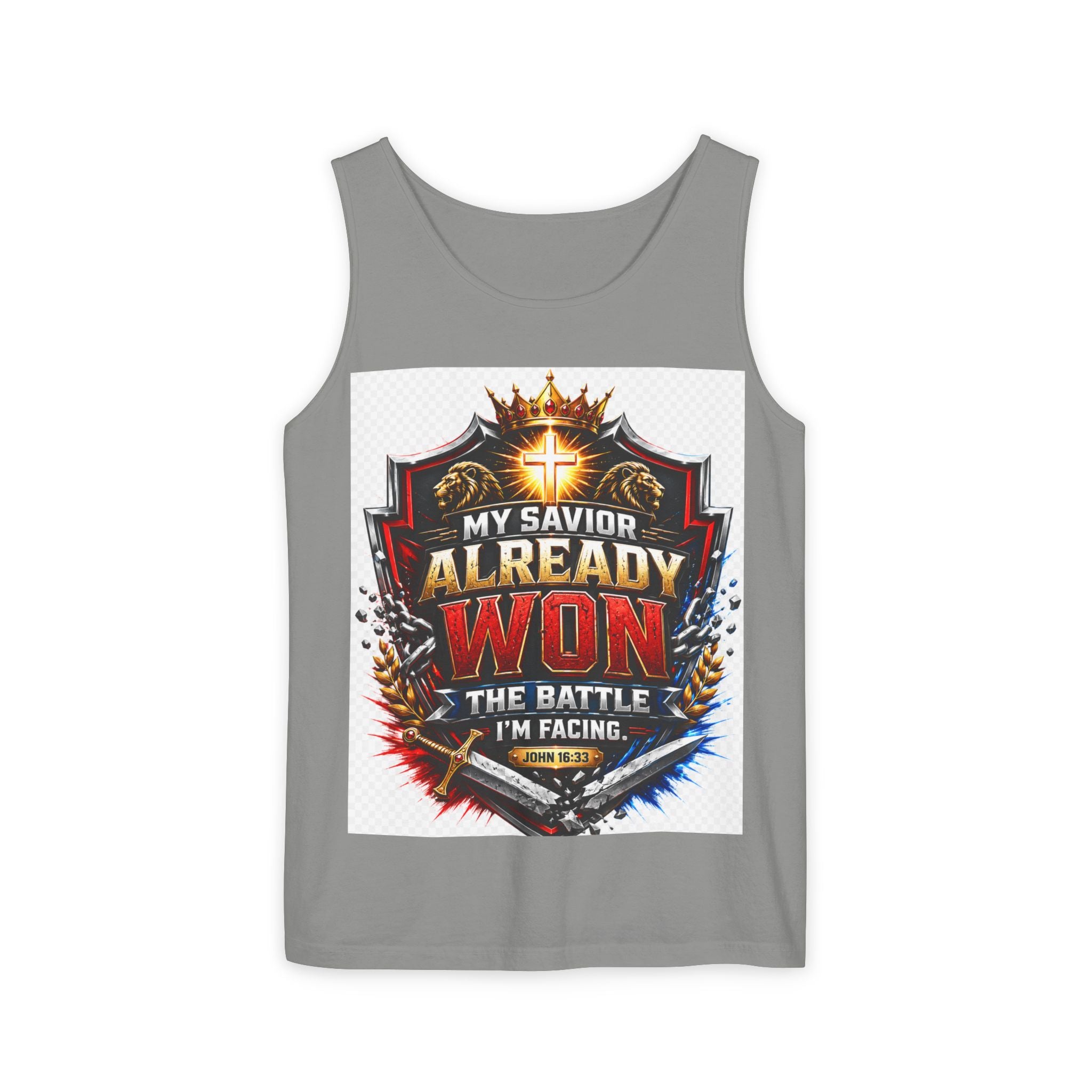 Christian Faith Tank Top — "My Savior Already Won the Battle I'm Facing" Graphic