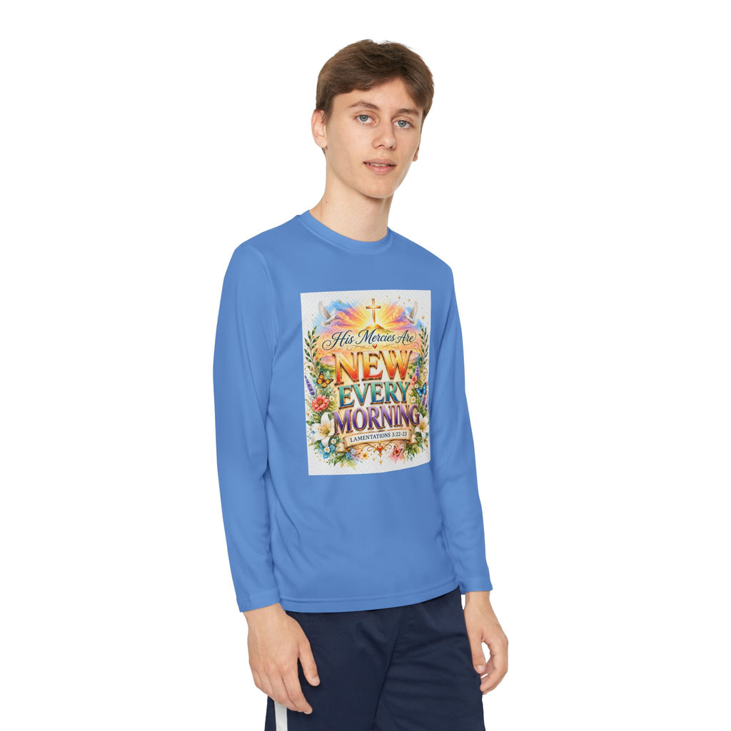 Christian Kids Long Sleeve T-Shirt – "His Mercies Are New Every Morning" Floral Inspirational Youth Tee