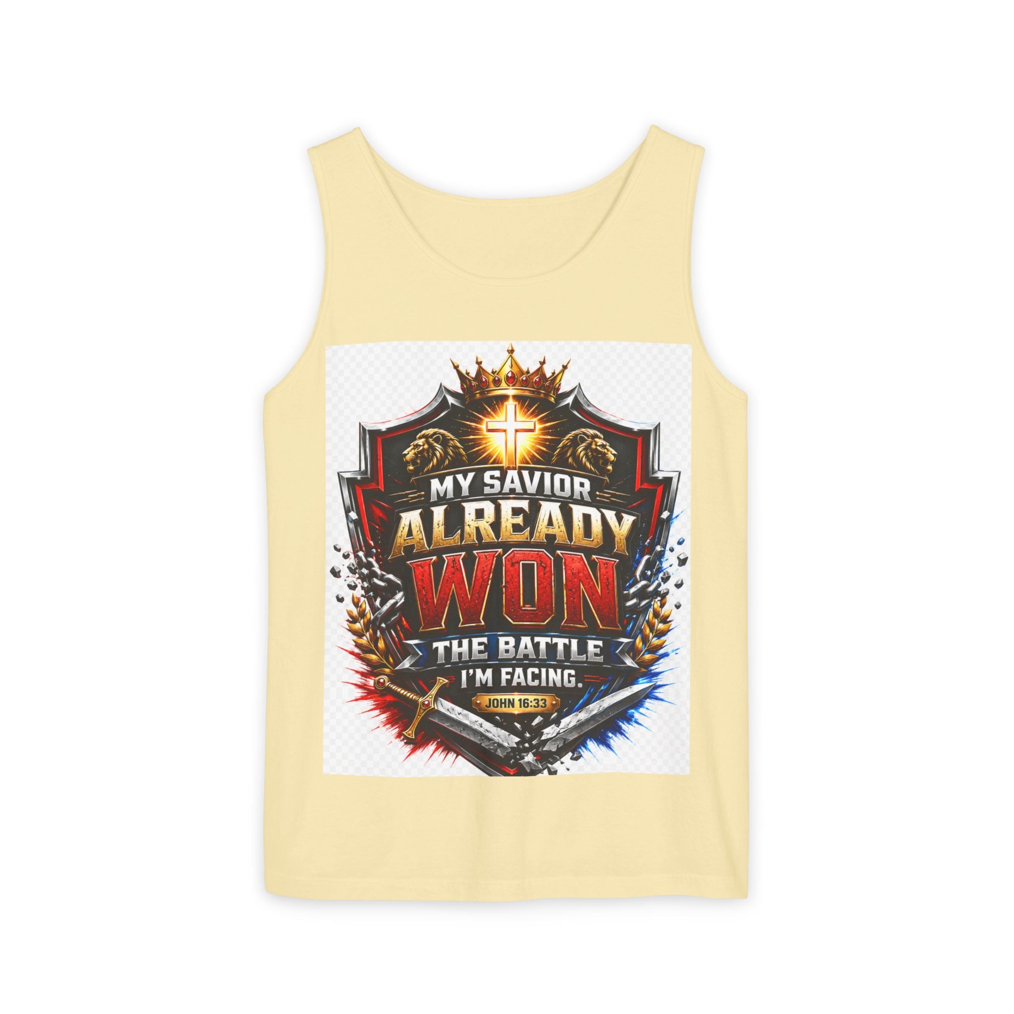 Christian Faith Tank Top — "My Savior Already Won the Battle I'm Facing" Graphic