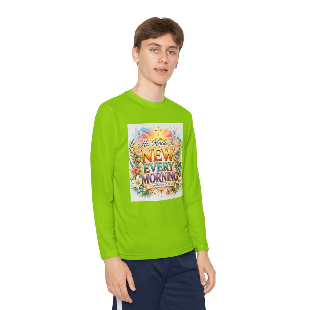 Christian Kids Long Sleeve T-Shirt – "His Mercies Are New Every Morning" Floral Inspirational Youth Tee