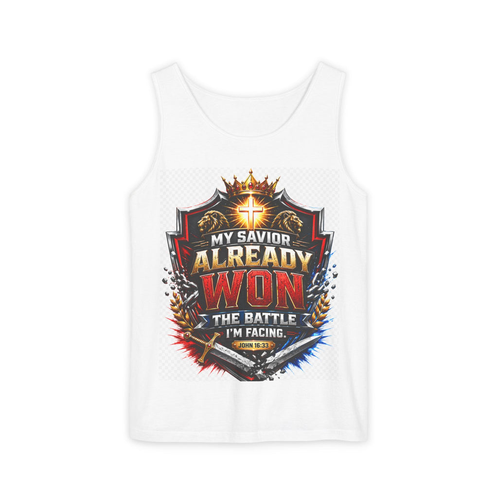 Christian Faith Tank Top — "My Savior Already Won the Battle I'm Facing" Graphic