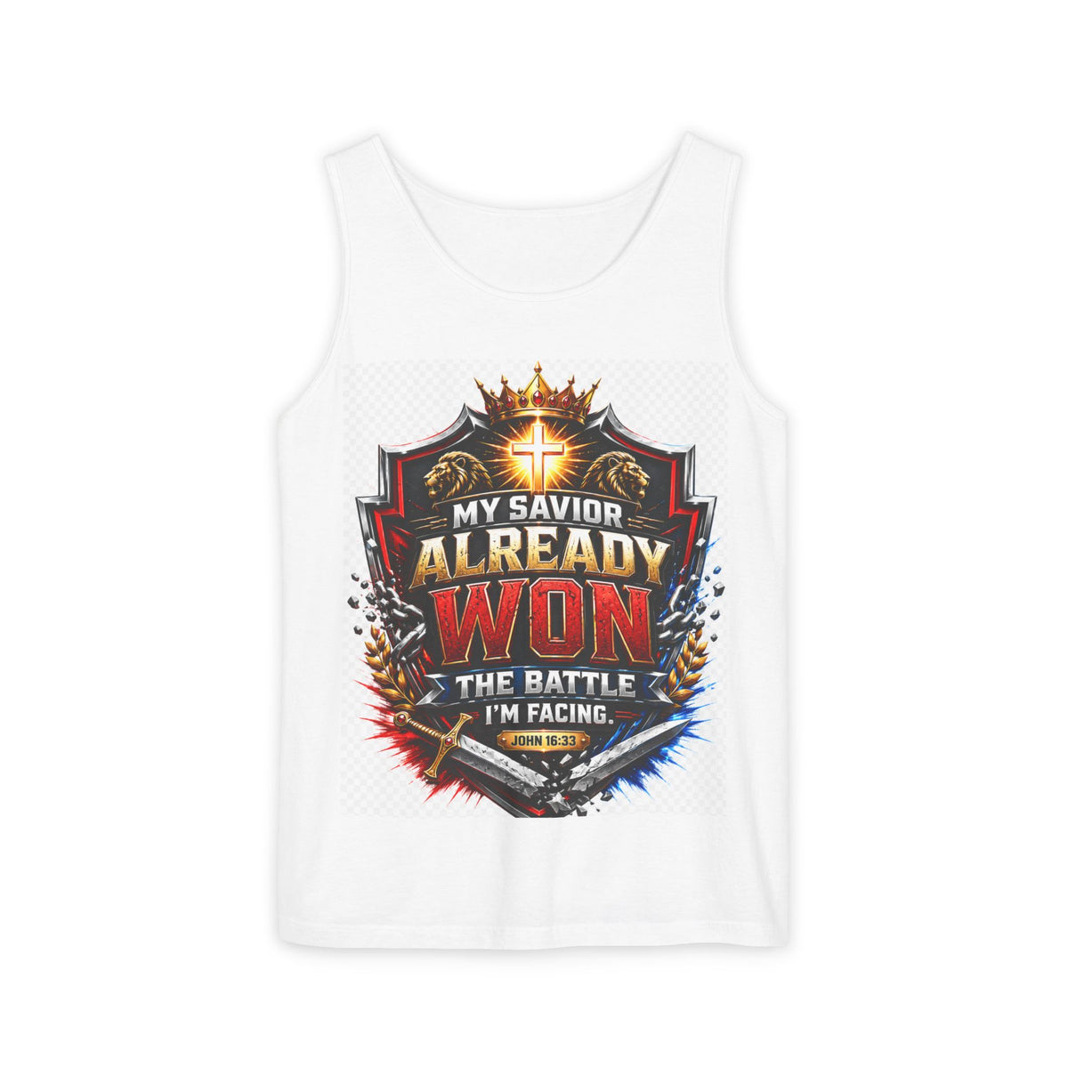 Christian Faith Tank Top — "My Savior Already Won the Battle I'm Facing" Graphic