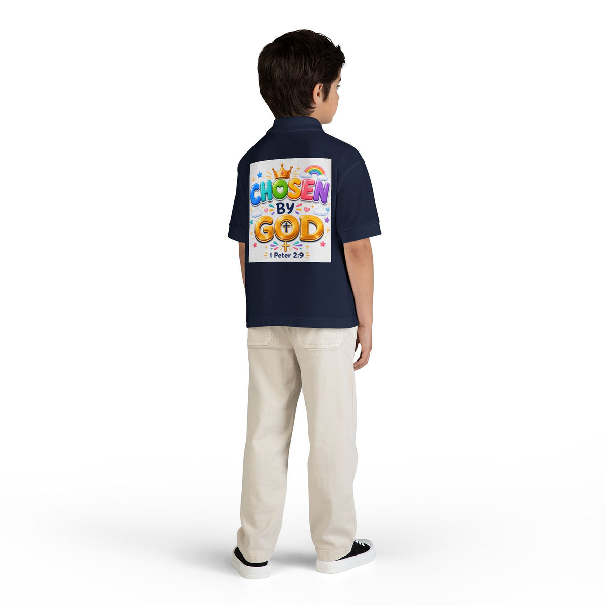 Christian Kids Polo Shirt – "Chosen by God" 1 Peter 2:9 Youth Scripture Tee