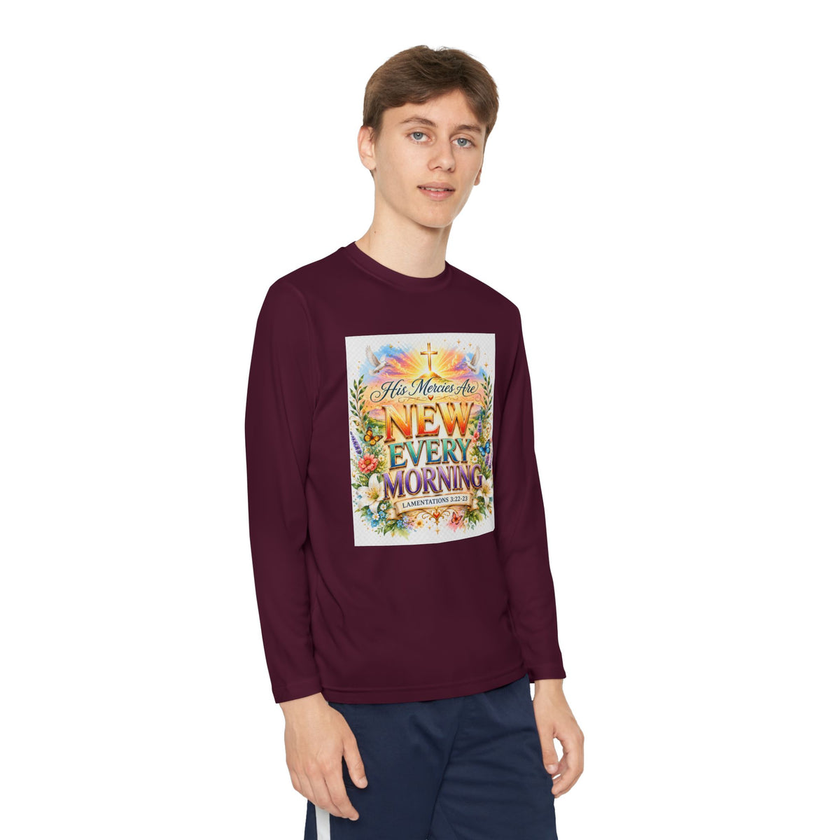 Christian Kids Long Sleeve T-Shirt – "His Mercies Are New Every Morning" Floral Inspirational Youth Tee