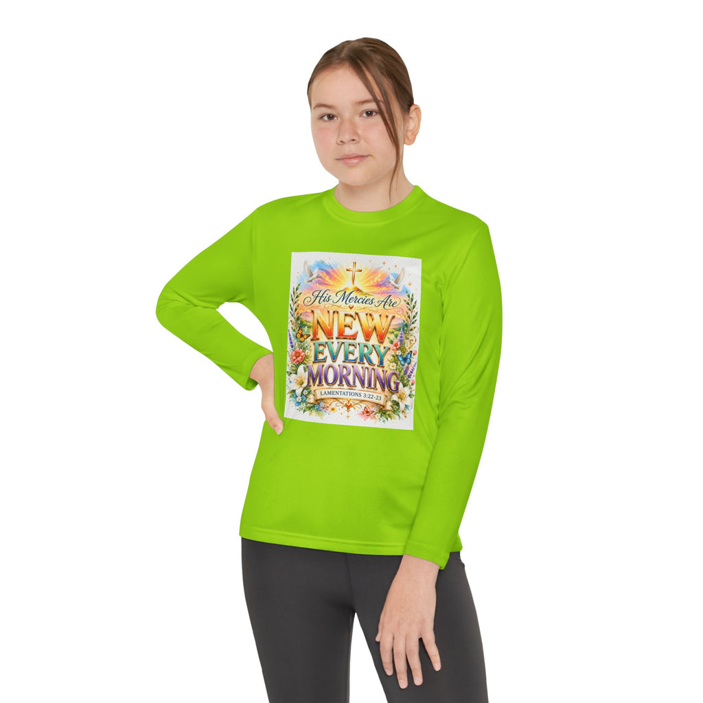 Christian Kids Long Sleeve T-Shirt – "His Mercies Are New Every Morning" Floral Inspirational Youth Tee