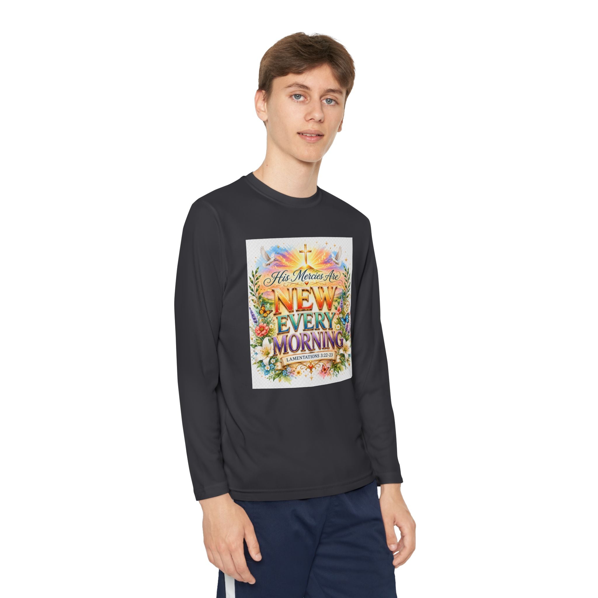 Christian Kids Long Sleeve T-Shirt – "His Mercies Are New Every Morning" Floral Inspirational Youth Tee