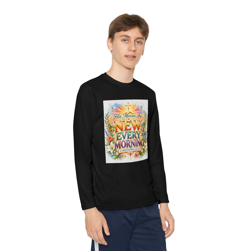 Christian Kids Long Sleeve T-Shirt – "His Mercies Are New Every Morning" Floral Inspirational Youth Tee