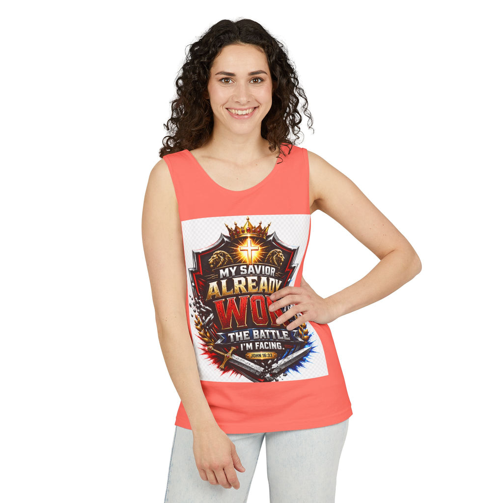 Christian Faith Tank Top — "My Savior Already Won the Battle I'm Facing" Graphic