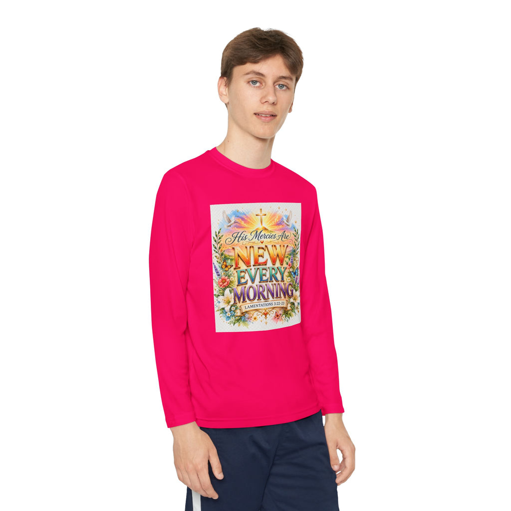 Christian Kids Long Sleeve T-Shirt – "His Mercies Are New Every Morning" Floral Inspirational Youth Tee