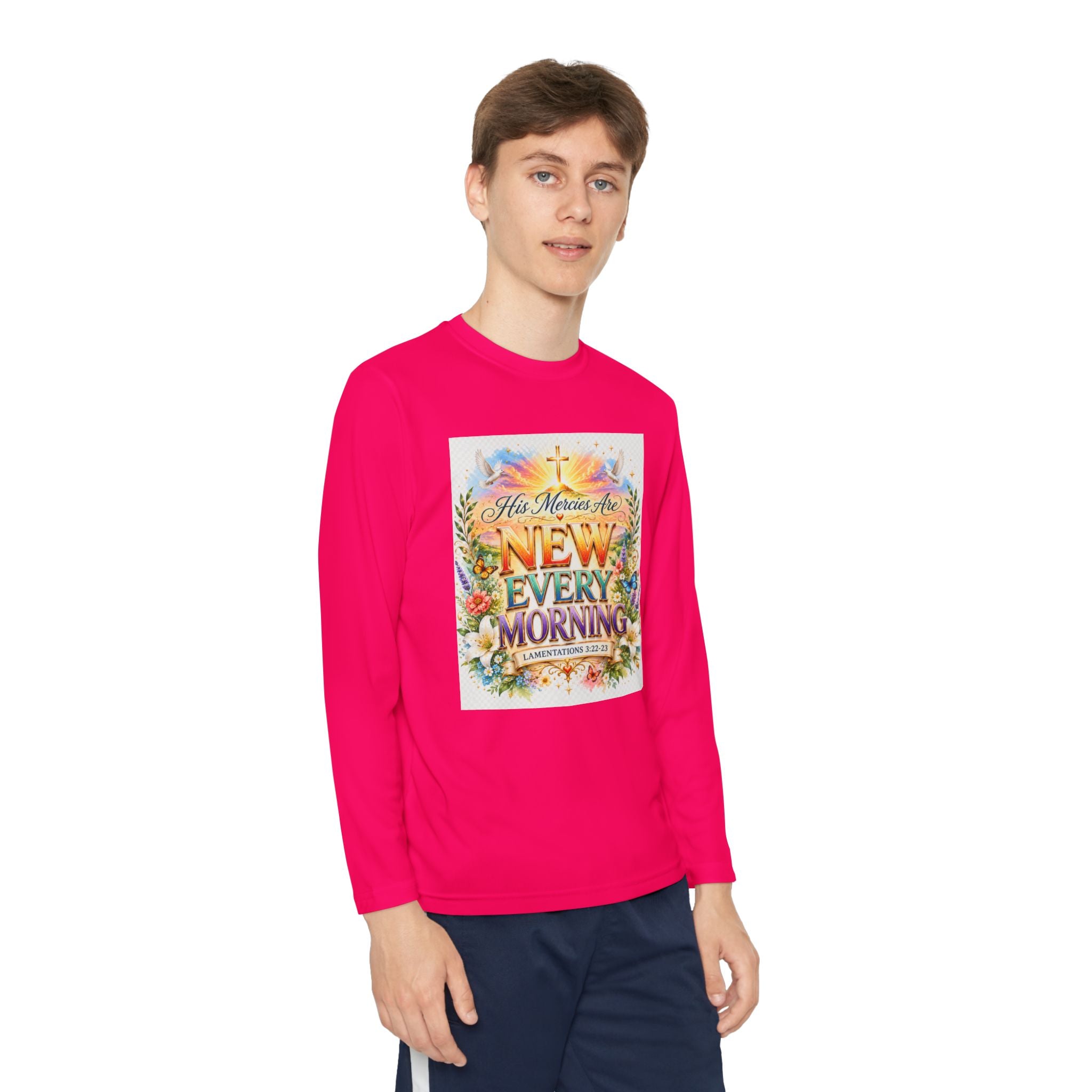 Christian Kids Long Sleeve T-Shirt – "His Mercies Are New Every Morning" Floral Inspirational Youth Tee