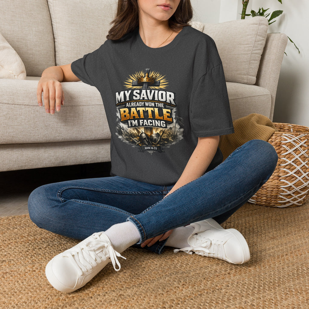 Christian Graphic T-Shirt – "My Savior Already Won the Battle I'm Facing" Faith Crest Tee