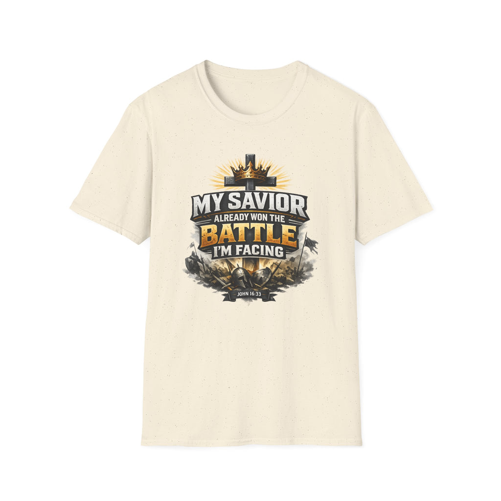 Christian Graphic T-Shirt – "My Savior Already Won the Battle I'm Facing" Faith Crest Tee