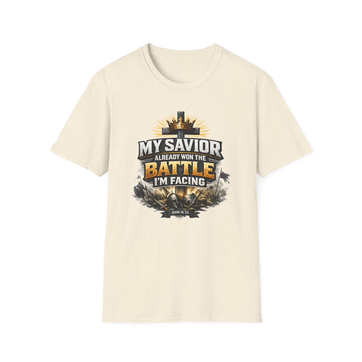Christian Graphic T-Shirt – "My Savior Already Won the Battle I'm Facing" Faith Crest Tee