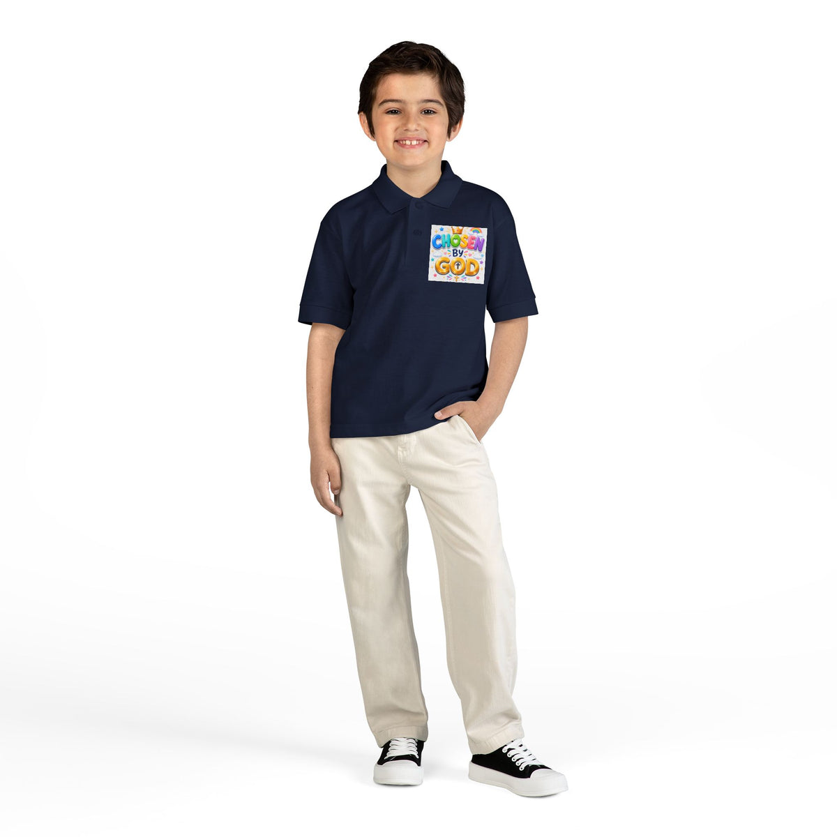 Christian Kids Polo Shirt – "Chosen by God" 1 Peter 2:9 Youth Scripture Tee