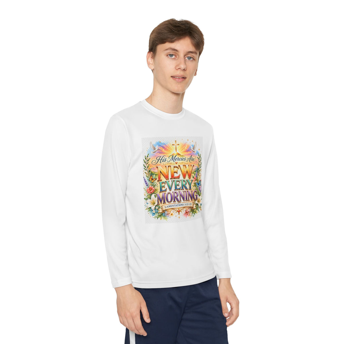 Christian Kids Long Sleeve T-Shirt – "His Mercies Are New Every Morning" Floral Inspirational Youth Tee