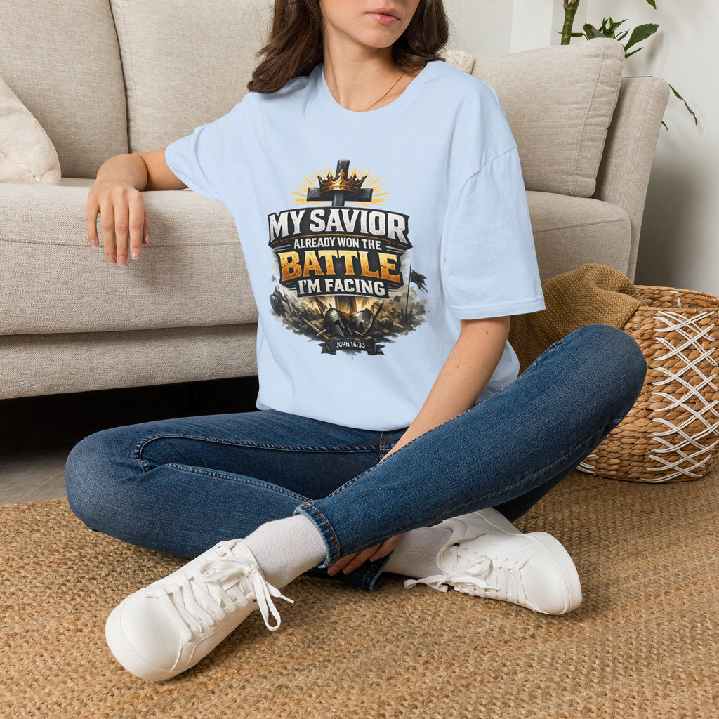 Christian Graphic T-Shirt – "My Savior Already Won the Battle I'm Facing" Faith Crest Tee