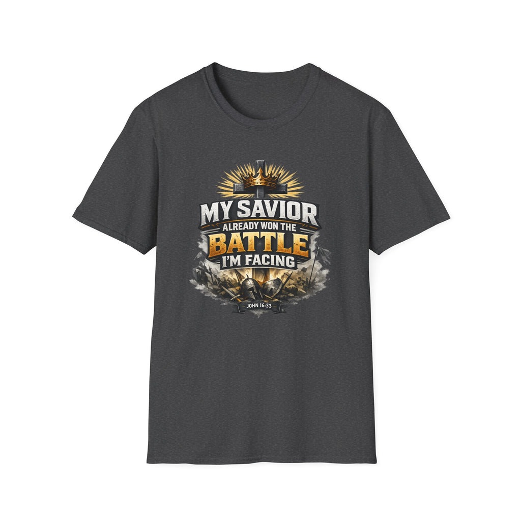 Christian Graphic T-Shirt – "My Savior Already Won the Battle I'm Facing" Faith Crest Tee