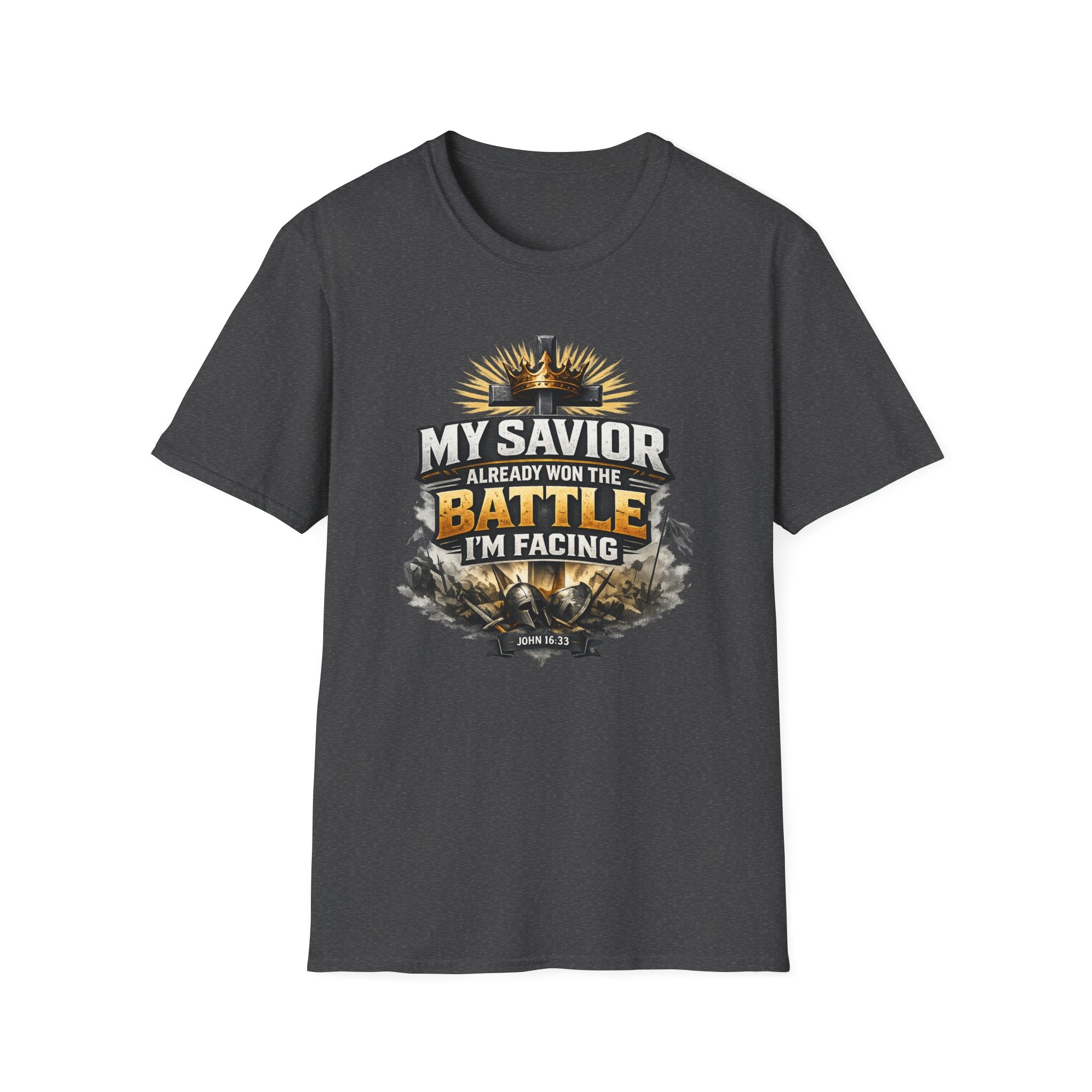 Christian Graphic T-Shirt – "My Savior Already Won the Battle I'm Facing" Faith Crest Tee