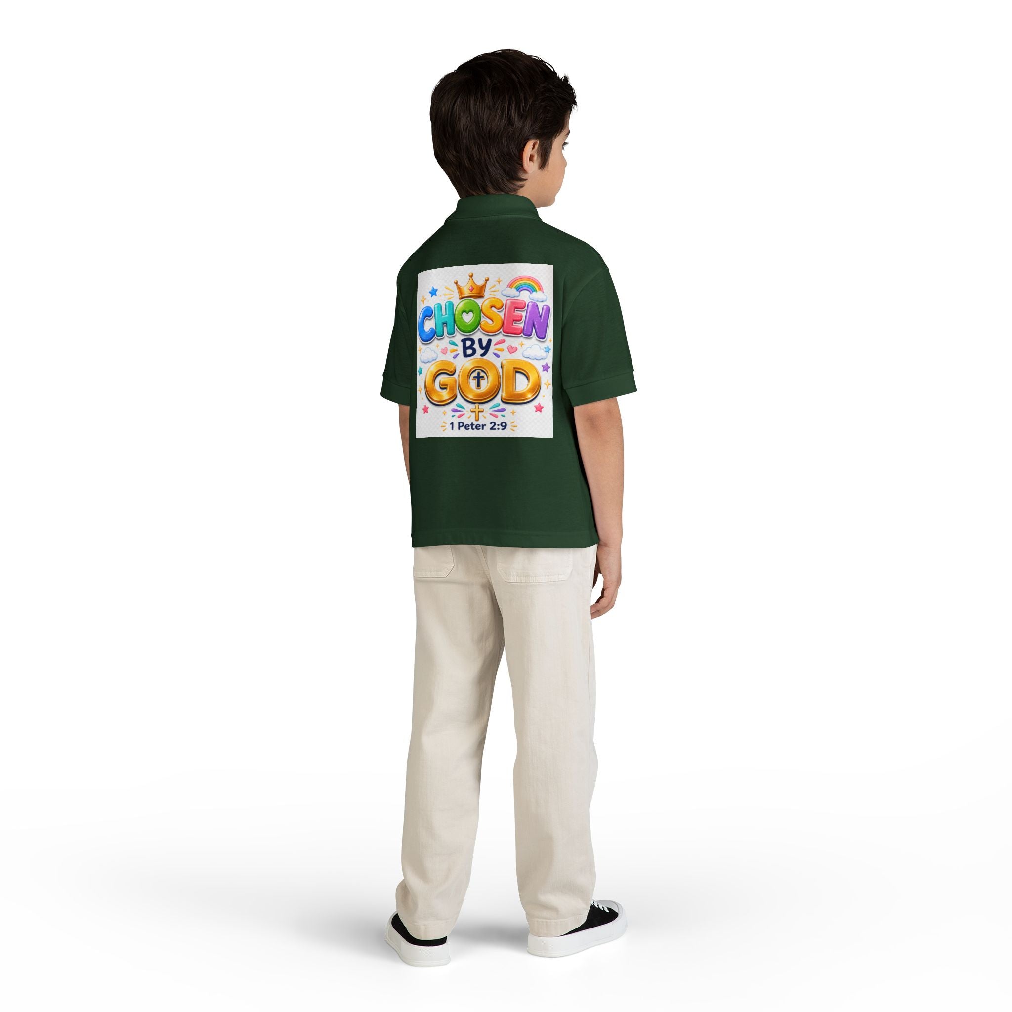 Christian Kids Polo Shirt – "Chosen by God" 1 Peter 2:9 Youth Scripture Tee