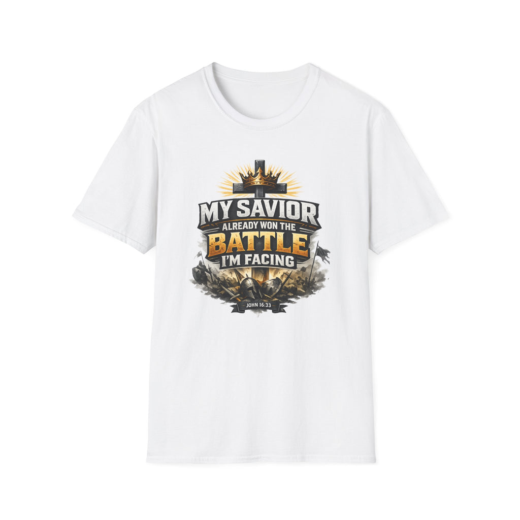 Christian Graphic T-Shirt – "My Savior Already Won the Battle I'm Facing" Faith Crest Tee