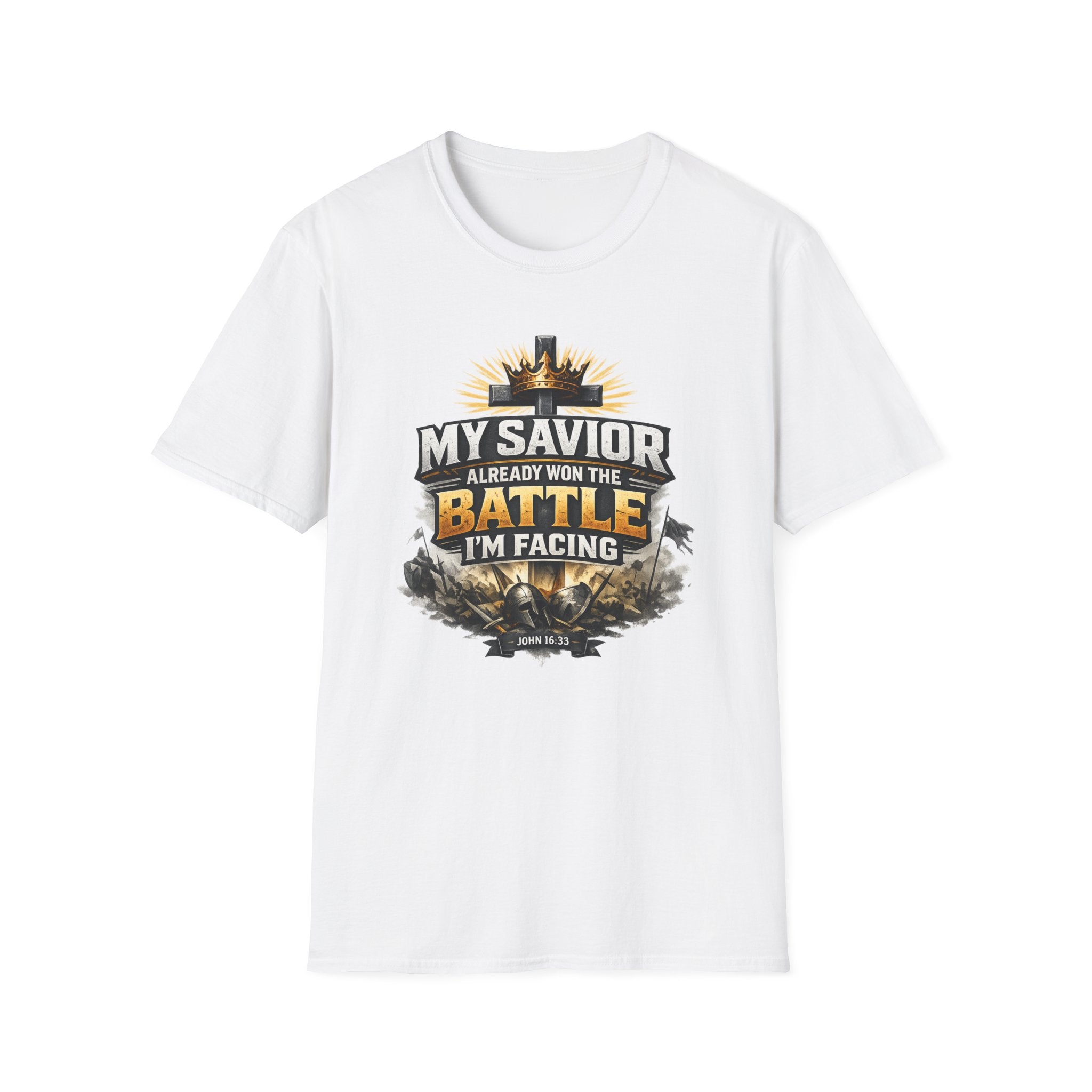 Christian Graphic T-Shirt – "My Savior Already Won the Battle I'm Facing" Faith Crest Tee